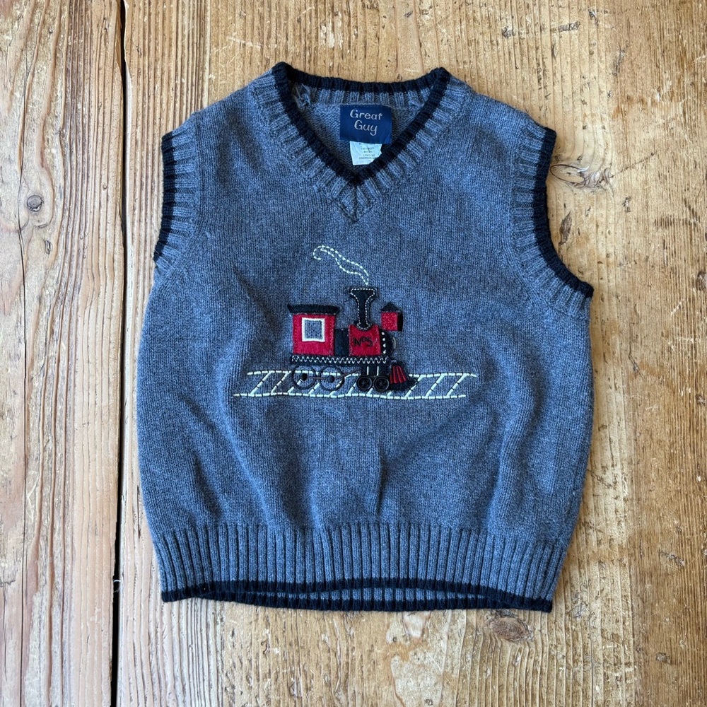 Vintage Great Guy Gray Knit Train Sweater Vest with Red Accent